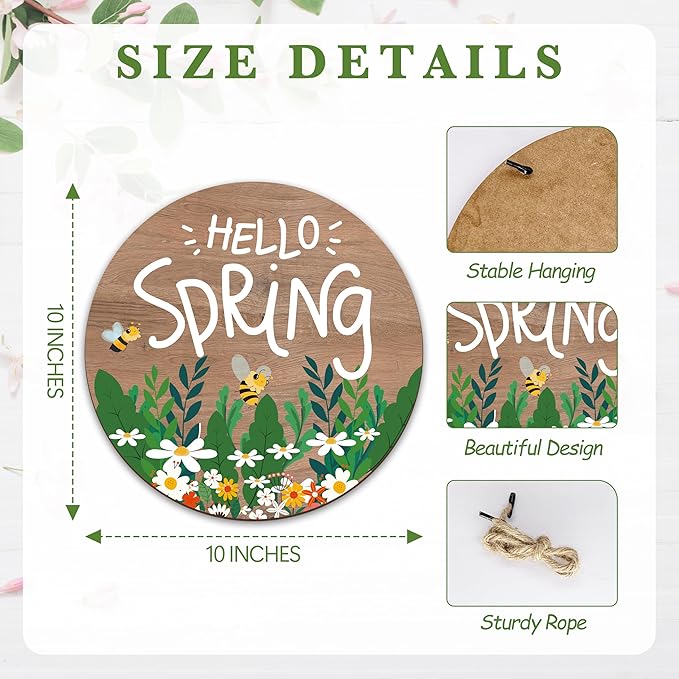 Spring Hanging Decor For Front Door, Daisy Bee Welcome Spring Round Sign Decor For Farmhouse Home Yard Porch, Hello Spring Decorations, Spring Wall Plaque Gifts For Friends Family -05