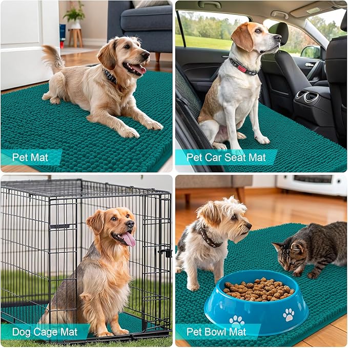 OLANLY Dog Door Mat for Muddy Paws 47x32, Absorbs Moisture and Dirt, Absorbent Non-Slip Washable Doormat, Quick Dry Chenille Mud Mat for Dogs, Entry Indoor Entryway Carpet for Inside Floor, Lake Blue