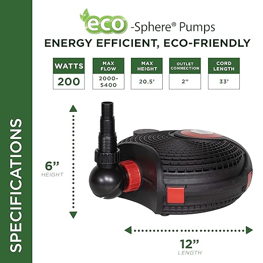 Alpine Corporation PUR5400C Eco-Sphere 5400 GPH Pond Pump with Controller and 33-ft Cord, Energy-Saving, Black/Red