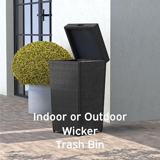 Nestl Outdoor Trash Can with Lid 30 Gallon Wicker Garbage Can for Patio, Black
