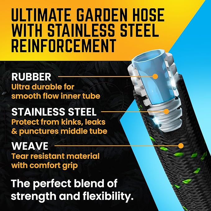 PowerFlow Garden Hose, NON-EXPANDABLE 50 Feet Premium Quality Stainless Steel Metal Water Hose with Durable Fabric Skin, Hose For Commercial, Residential Use, Bonus 10-way Spray Nozzle (50 Ft, Black)