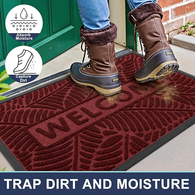Smiry Welcome Mat Indoor Outdoor, All-Season Waterproof Front Door Mat, Sturdy Natural Rubber Doormat, Non-Slip, Easy Clean, Low Profile Dirt Trapper for Porch Patio Entrance, 35x23, Wine Red