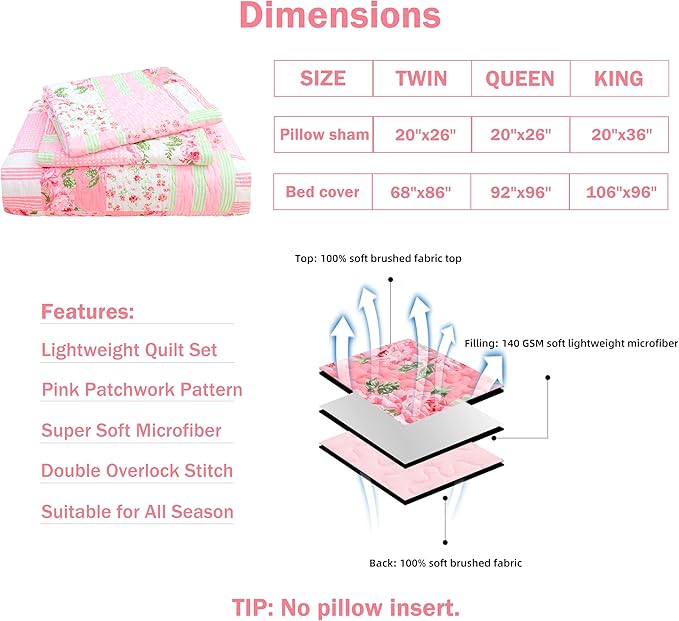 Cmfshape Floral Bedspread with 1 Pillow sham-Twin Size,Patchwork Pink Quilt Set 2 Piece,Summer Quilt for Girls Women,Lightweight Reversible Bed Coverlet for All Seasons(Twin68 x86 Pink)
