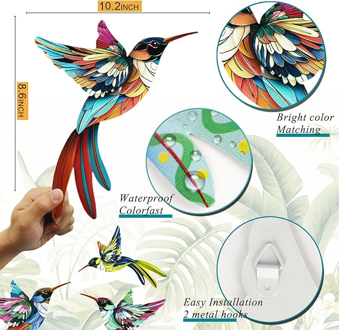 WHBIMGOOO 4 Pack Metal Hummingbird Wall Art Decor, 3D Colorful Birds Outdoor Sculpture for Garden Fence, Backyard, Outdoor Wall, Patio and Balcony, Great Gifts for Family Friends