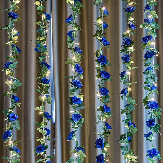 4 Pack (32FT) Artificial Rose Vine Fake Flowers Garland Hanging Silk Rose Ivy Plants Vine for Wedding Arch Party Garden Home Bedroom Office Wall Aesthetic Art Décor (Royal Blue)