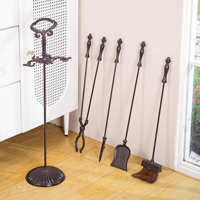 Sungmor Heavy Duty Cast Iron Fireplace Tools Set – 5 Piece Fire Tools with Stand, Fireplace Accessories for Wood Stove, Indoor Outdoor Fire Pit & Hearth