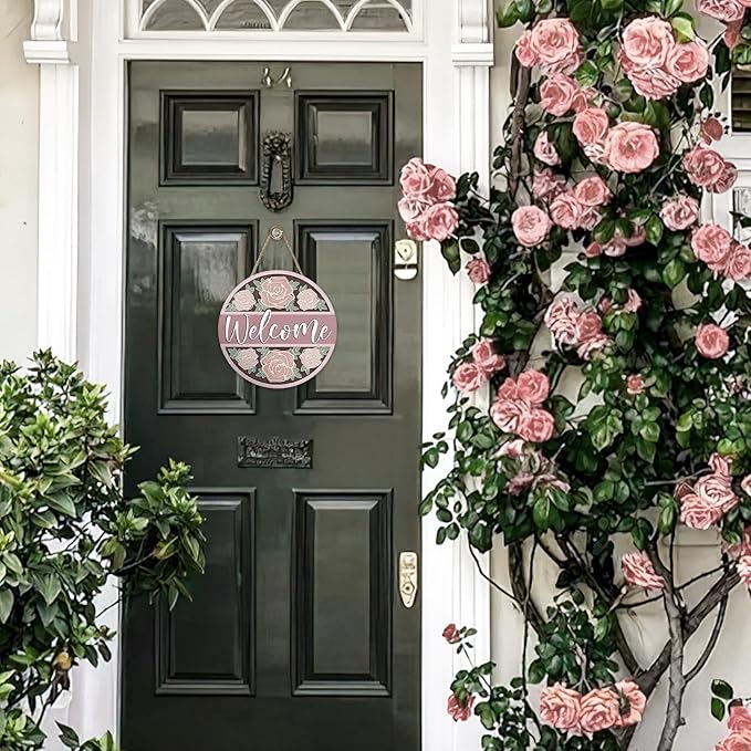 Welcome Pink Rose Flower Front Door Sign, Floral Wood Hanger Outdoor Outside Porch Home Decor, Spring Summer Wooden Wreath Indoor Wall Hanging Decoration