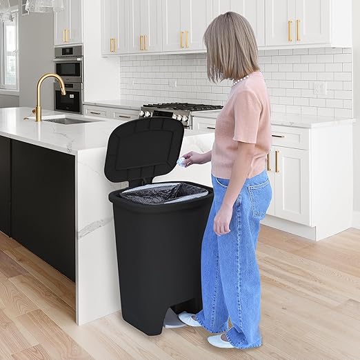 Glad 20 Gallon Trash Can - Plastic Kitchen Waste Bin with Odor Protection of Lid - Hands Free with Step On Foot Pedal and Garbage Bag Rings, Black