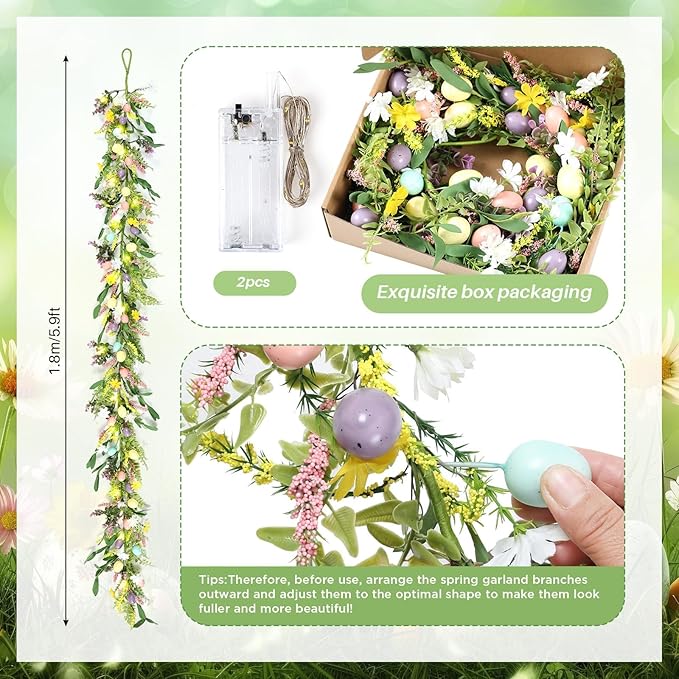 6.5 ft Easter Egg Flower Berry Garlands Decorations Spring Summer Floral Vine Garland Wreaths for Fireplace, Mantle, Table & Indoor Home Decor