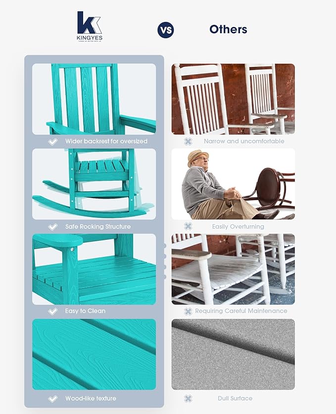 KINGYES Oversized Outdoor Rocking Chair Set of 2, All-Weather Patio Rocking Chairs for Porch, HDPE Outdoor Patio Rockers with High Back & Wide Seat for Garden, Lawn, Aruba