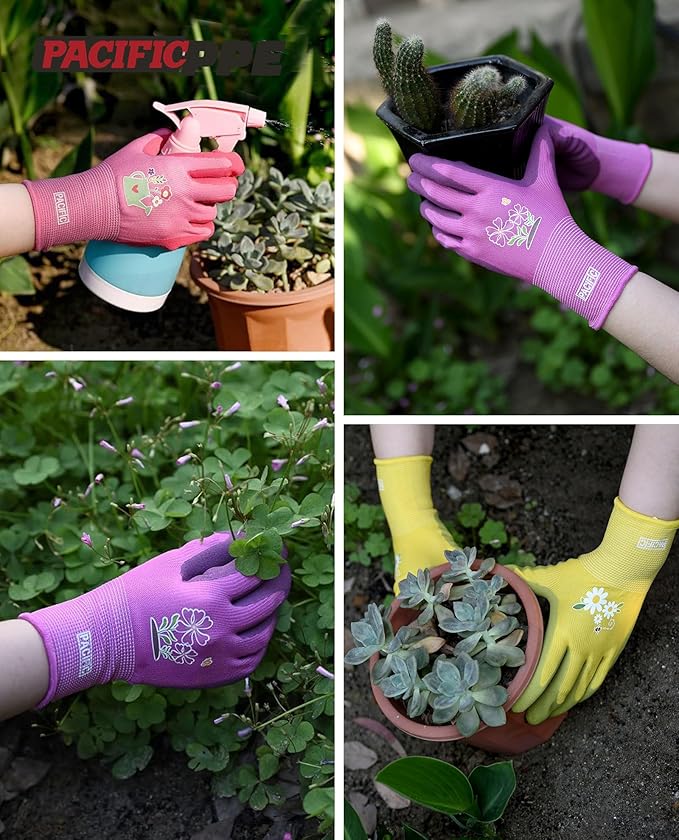 PACIFIC PPE 6 Pairs Gardening Gloves for women, Latex Coated Garden Gloves, Breathable, Medium Size fits Most, Rose Red