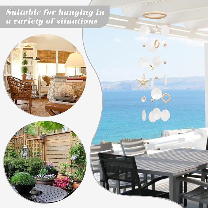 Sea Shells Wind Chimes - Handcrafted White Capiz Shells Windchime with Starfish, Coastal Style Decor for Indoor/Outdoors, Garden Decor, Great Gift for Women, Wind Chimes Lovers and More