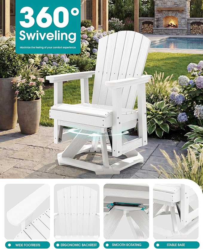 SERWALL Adirondack Swivel Glider Chair, HDPE Glider for Outdoor, All-Weather Glider Chair for Porch, Balcony, Light White