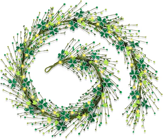6.5 Ft St.Patrick's Day Garland Lucky Shamrock Vine Wreath Artificial Green Clover St Patrick's Day Hanging Wreath Garland for Front Door Arch Wall Irish Festival Party Decoration
