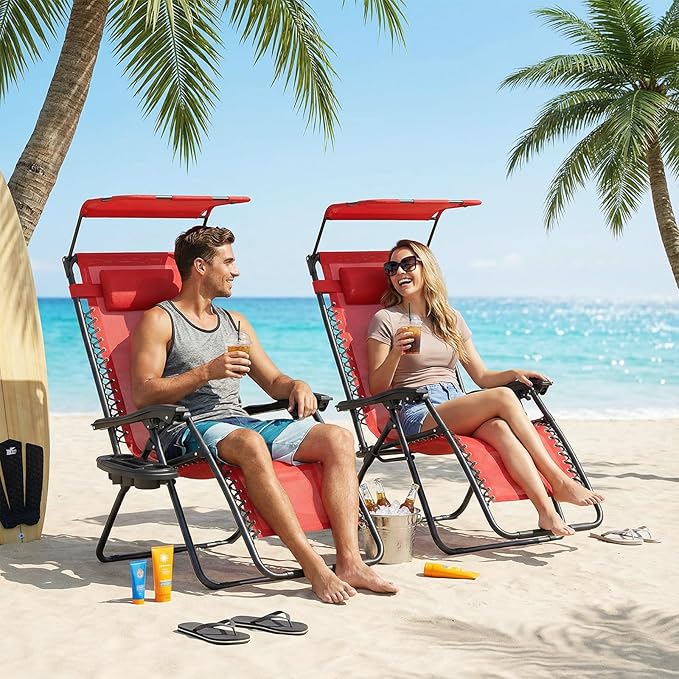 Magshion Zero Gravity Chair with Canopy Set of 2, Reclining Outdoor Patio Lounge Chair, Folding Anti Gravity Recliner, Portable Lounger with Removable Cup Holder Side Tray and Pillow Headrest (Red)