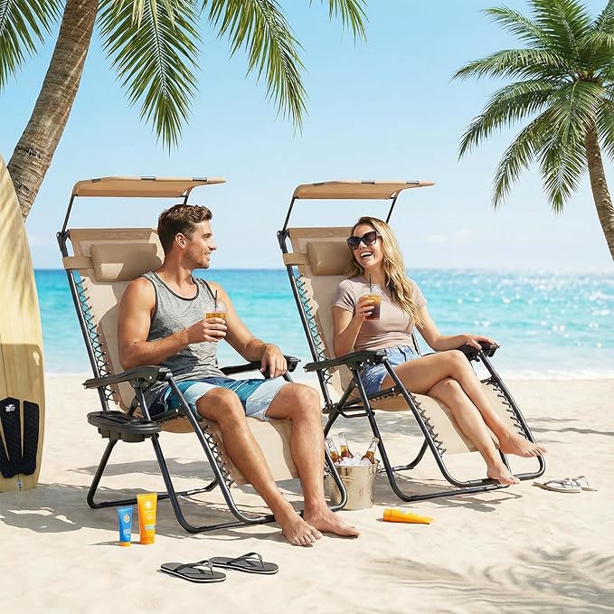 Magshion Zero Gravity Chair with Canopy Set of 2, Reclining Outdoor Patio Lounge Chair, Folding Anti Gravity Recliner, Portable Lounger with Removable Cup Holder Side Tray and Pillow Headrest (Cream)