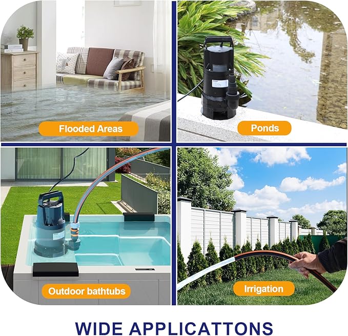 WASSERMANN 1/2HP Water Pump,3500GPH Submersible Thermoplastic Utility Pump with 10 FT Power Cord,Electric Portable Transfer Clean/Dirty Sump Pump for Swimming Pool Tubs Garden Ponds Draining