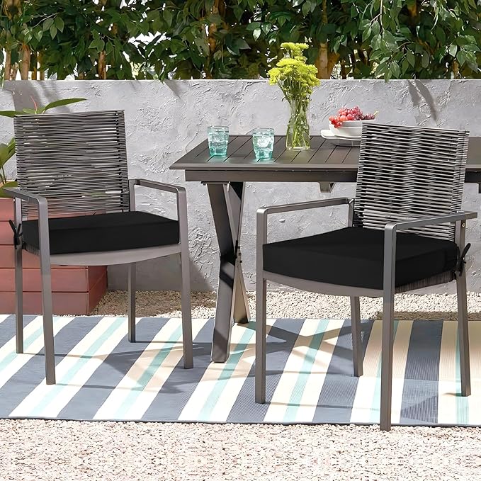 Waterproof Outdoor Chair Cushions Set of 2, Square Outdoor Seat Cushions with Ties and Removable Covers, 24 x 24 Outdoor Cushions for Patio Furniture with Portable Handle(Black)