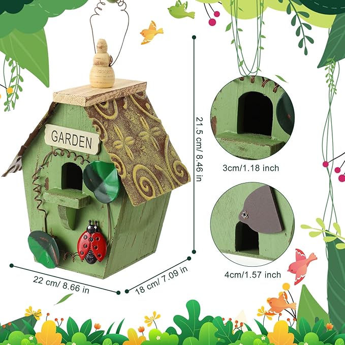 2 Pcs Decorative Birdhouse for Yard Outside Hanging Wooden Birdhouse Hand Painted Bird Box for Bird Lovers Bluebird Tree Swallow Wild Chickadee Garden Decor(Red,Green,Iron Roof)