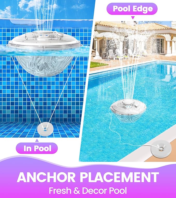 Floating Pool Fountain with Lights Show, Upgraded Pool Fountains with Anchor, Pool Water Fountain, Swimming Pool Fountains for Inground Pool, Waterfall for Above Ground Pond-White