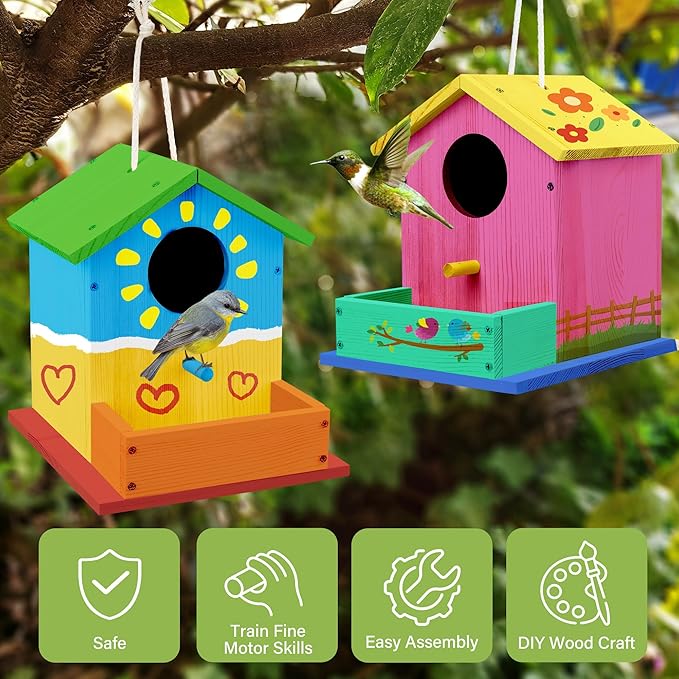 LotFancy Bird House Kit, DIY Wooden Birdhouse Kits, Arts and Crafts Painting Kits for Kids Ages 4+, Build and Paint, Including Paints & Brushes
