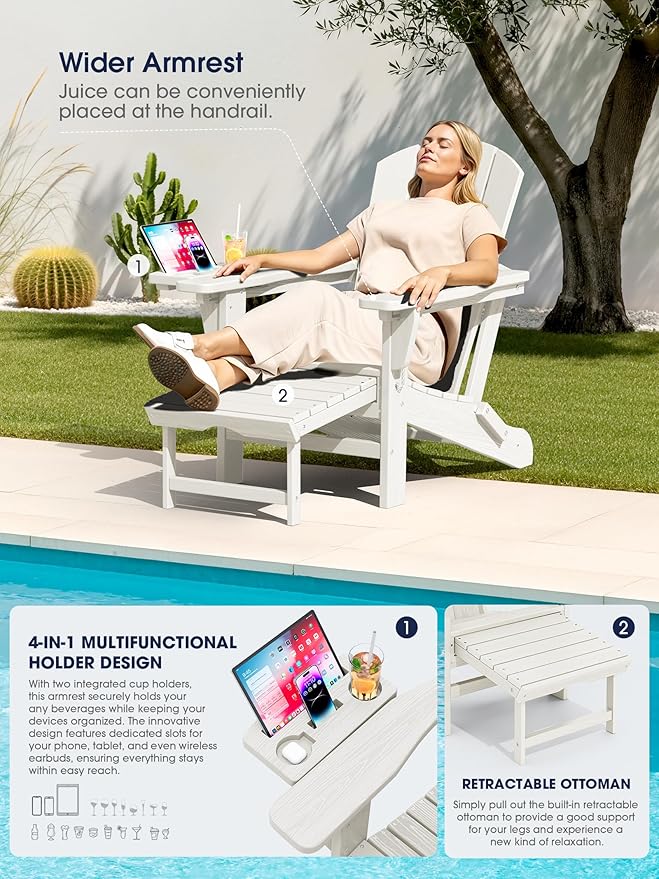 KINGYES Adjustable Folding Adirondack Chair with Footrest & 4-in-1 Multi-Functional Armrest Organizer Set of 4, HDPE Foldable Recliner Adirondack Chair with Pull-Out Ottoman, White