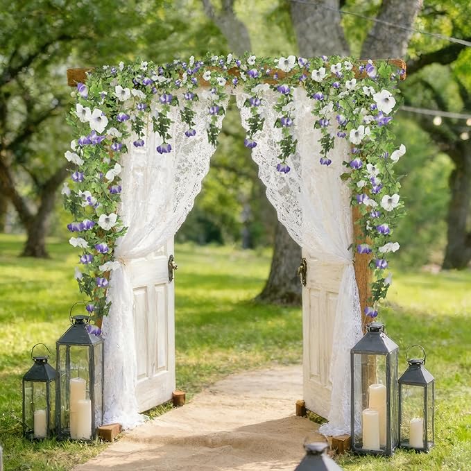 2 Pcs Artificial Flowers Vines Garland Purple Petunias Silk Spring Flowers Garland for Mantle 11 FT Fake Morning Glory Hanging Vines Plants for Outdoors Wall Fence Indoor Wedding Banquet Decor