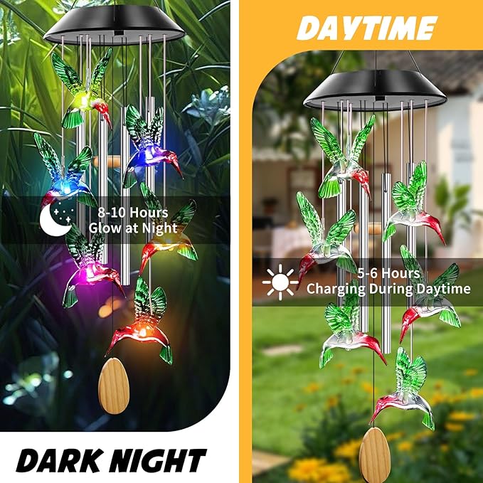 Solar Powered Hummingbird Wind Chimes with 4 Music Aluminum Tubes, Hummingbird Wind Chimes for Outside,Best Gifts for Mom Grandma Women Wife Aunt Sister, Unique Mobile Wind Chime, Garden Yard Decor