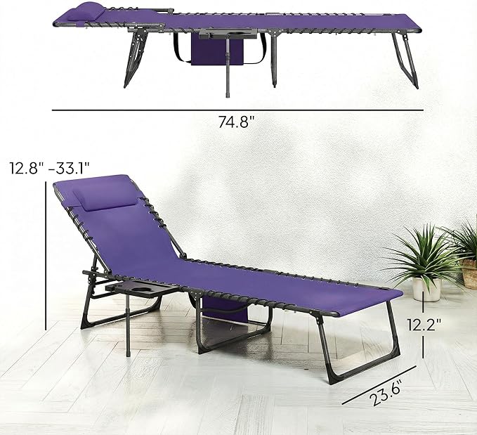 Outsunny Folding Chaise Lounge Chair Outdoor Tanning Chair with Side Table, 5-Level Adjustable Beach Lounge Chair with Headrest, Side Pocket for Patio, Backyard, Beach, Poolside, Purple