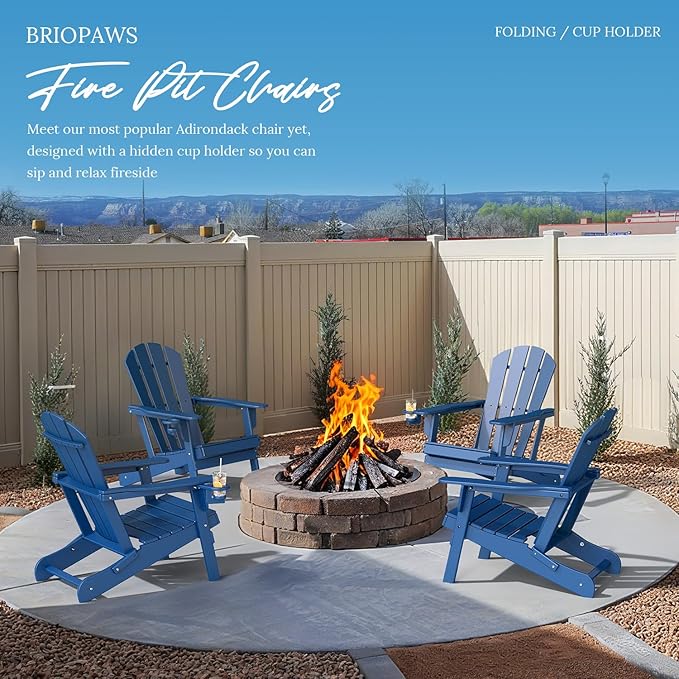BRIOPAWS Folding-Adirondack-Chairs Set of 4 | HDPE Plastic | Fire Pit Chair | Cup Holder | Curved Back | All Weather | for Outdoor Backyard Deck Patio | Blue