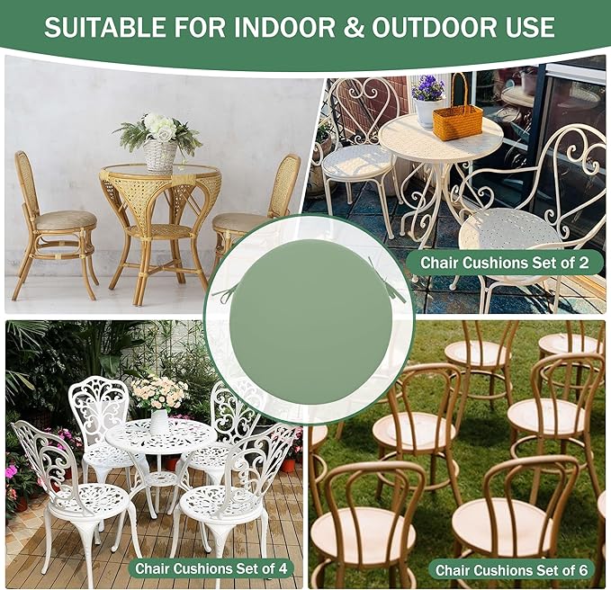 Outdoor Bistro Chair Cushions Set of 2, 15" D x 3" H Round Chair Cushions Waterproof and Fade Resistant Chair Cushion Pads with Non-Slip Ties and Removable Covers for Garden, Sage Green