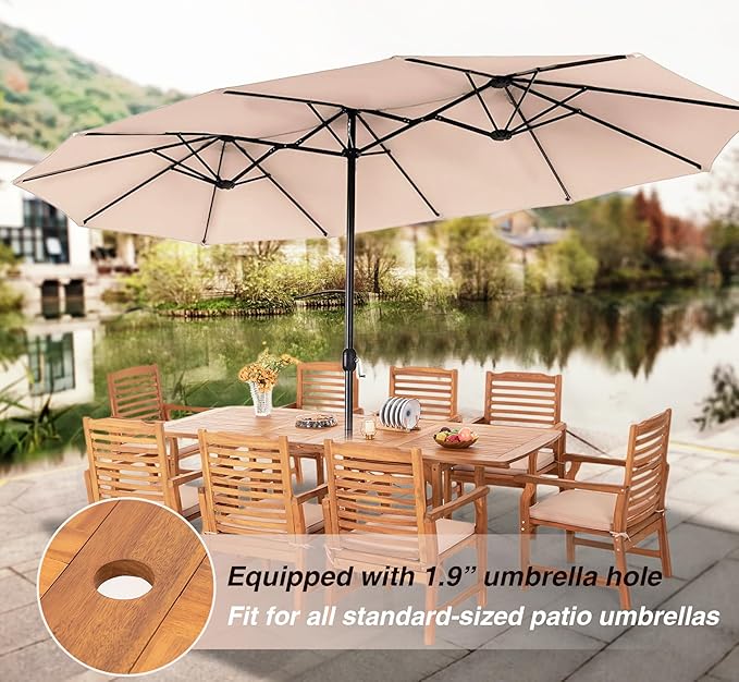 PHI VILLA 7 PCS Acacia Wood Outdoor Dining Set for 6, Expandable Teak Wooden Table & Chairs with Cushions, Farmhouse Dining Furniture Set for Patio, Deck, Yard