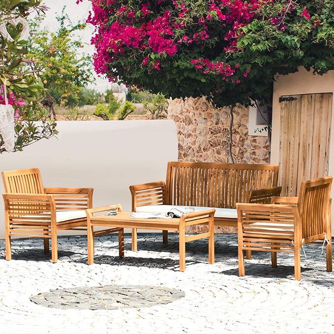 Tangkula 5 Piece Outdoor Acacia Wood Sofa Set with Wood Oil, Padded Patio Conversation Table Chair Set w/Coffee Table for Garden, Backyard, Poolside (Natural,2)