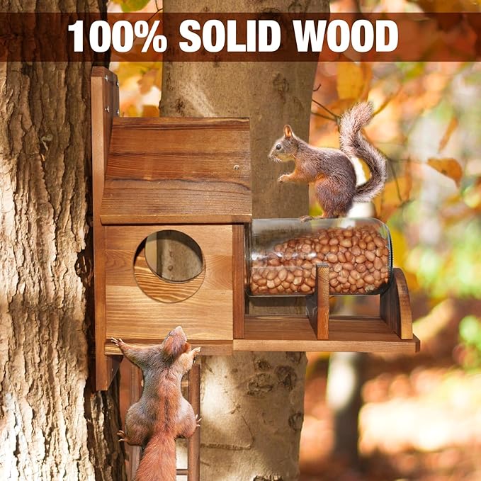Squirrel Feeder with Ladder, Wood Squirrel Feeders for Outside, Funny Squirrel House with Nut Peanuts Storage Bottle and Corn Cob Holder, Easy to Install