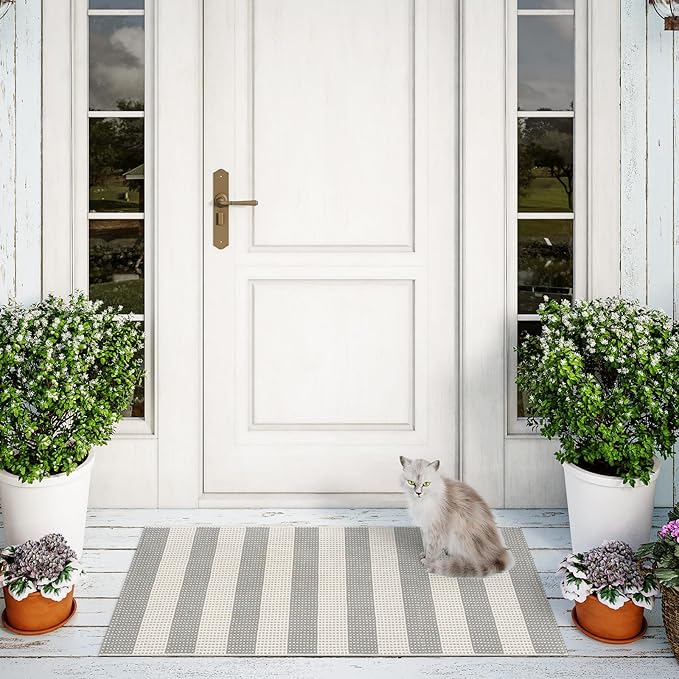 Grey and White Outdoor Runner Rug 2x4.3,Washable Reversible Welcome Door Mat,Cotton Hand Woven Front Porch Decor,Foldable Layered Doormat Indoor Outdoor Rugs for Entryway/Farmhouse