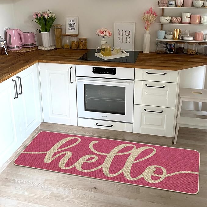 Artoid Mode Pink Hello Valentine's Day Doormat, Spring Summer Home Decor Low-Profile Switch Rug Door Mat Floor Mat for Indoor Outdoor 17x47 Inch