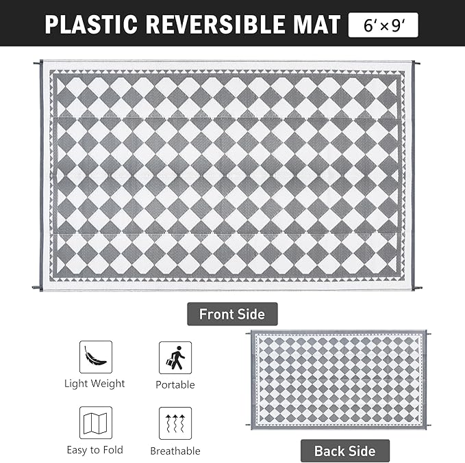HUGEAR Outdoor Waterproof Rug 6'x9' Plastic Straw Rugs Washable Reversible Floor Mat Grey Plaid Carpet for Camping RV Deck Entryance Porch Picnic Balcony Beach Backyard