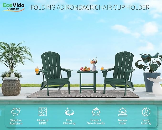 Oversized Folding Adirondack Chair - HDPE All-Weather Outdoor Chair with Cup Holder, 380LB Weight Capacity, UV Protected, Green