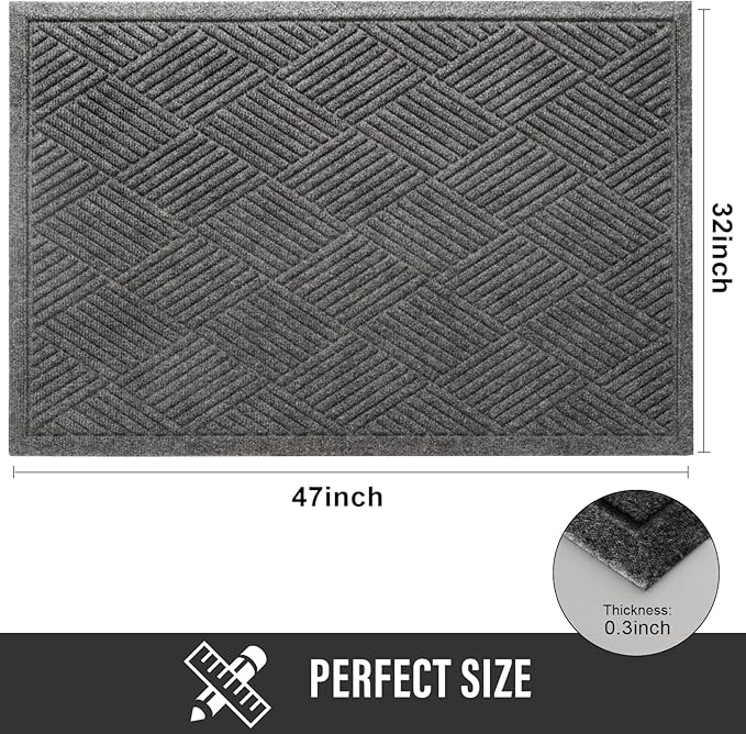 Sturdy Front Door Mat, Absorbent Muddy Dirt Resist Welcome Door Mats Outdoor Indoor, Stain and Fade Resistant, Non-Slip Rubber Backing Low Profile Doormat for Entryway, 47×32, Grey