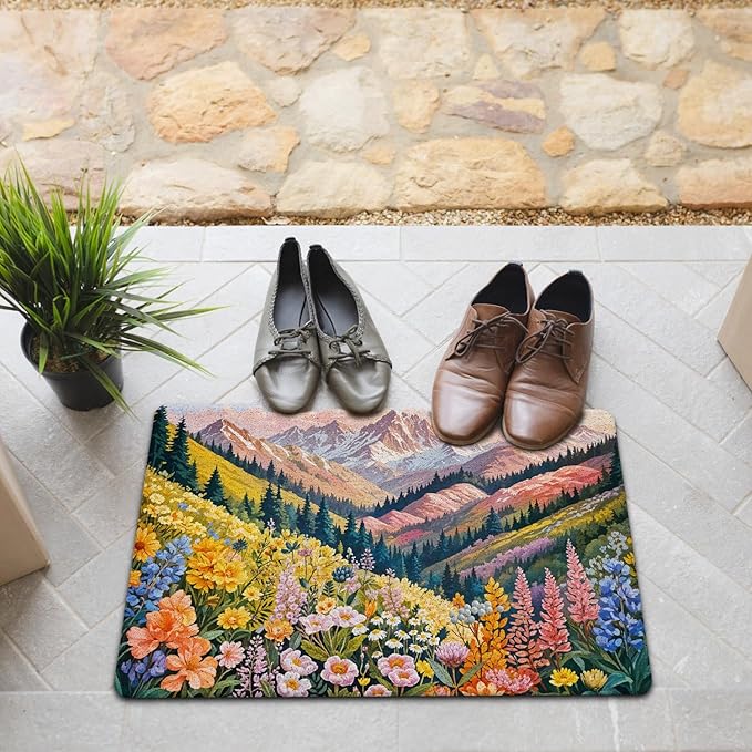 JINYO Watercolor Boho Door Mat, Cottagecore Wildflower Mountain Aesthetic Colorful Welcome Mat Doormat for Front Door Porch Indoor Outside Entrance Entryway, 17x30 Inch
