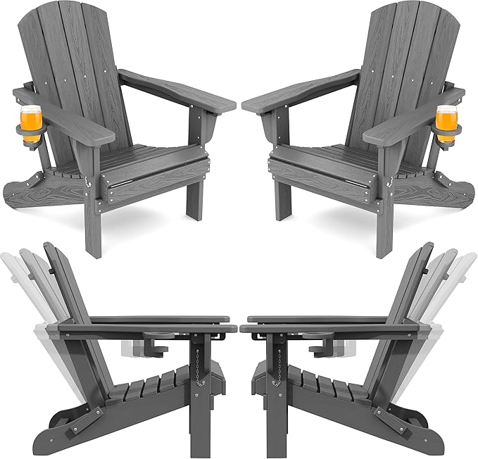 SERWALL Folding Adirondack Chair Set of 4, Adjustable Adirondack Chair with 3 Recline Positions, All Weather HDPE Outdoor Adirondack with Cup Holders, Gray