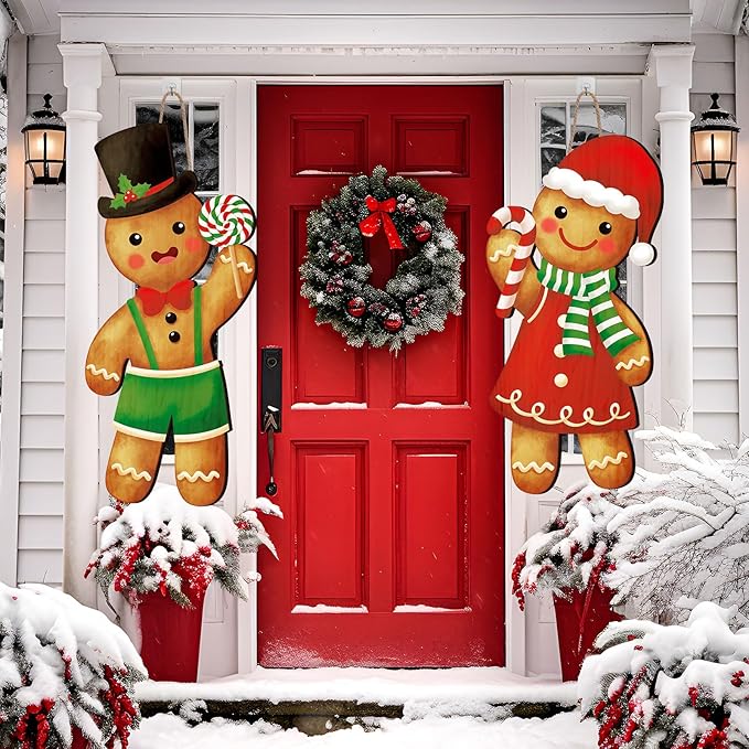 Thyle 2 Pcs Wooden Christmas Gingerbread Sign 27 x 10 Inch Xmas Hanging Gingerbread Front Door Decor Ginger Bread Welcome Door Hanger for Outdoor Indoor Front Porch Home Farmhouse Wall Supplies