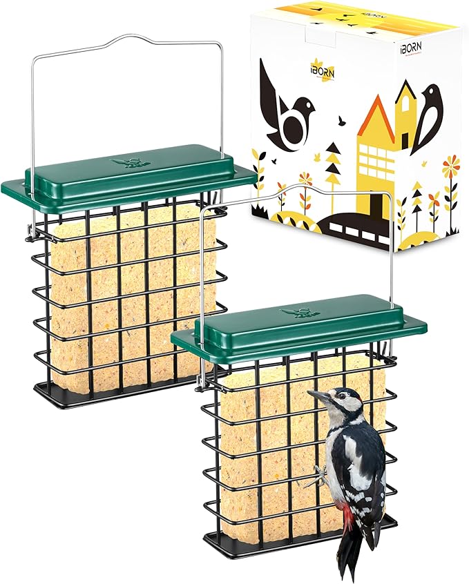 iBorn Suet Feeder Suet Bird Feeders [Single Capacity] for Outside Hanging with Taller Grid for Woodpecker,Metal Green（Pack of 2）