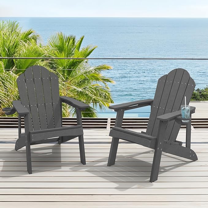 LUE BONA Matte HDPE Adirondack Chairs Set of 2 - Weather Resistant Seating with Cup Holder for Porch, Urban Patio, Deck & Fire Pit, Dark Gray