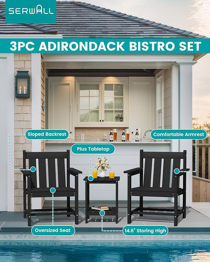 SEWRWALL Patio Furniture Set, HDPE Material All Weather Use Adirondack Chair Set with Side Table for Balcony, Porch, Garden, Backyard- Black