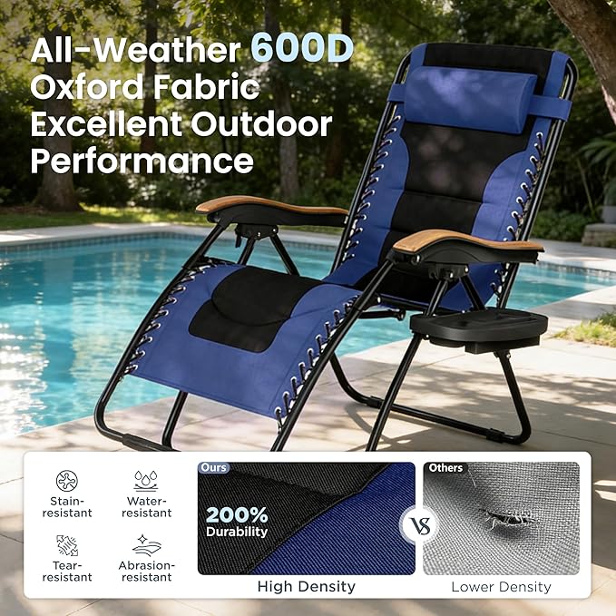 PHI VILLA XXL Oversized Padded Zero Gravity Chair, Foldable Patio Recliner, 30" Wide Seat Anti Gravity Lounger with Cup Holder, Support 400 LBS (Navy Blue)