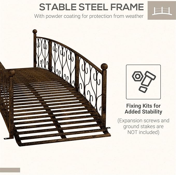 Outsunny 7' Metal Arch Garden Bridge with Safety Siderails, Decorative Arc Footbridge with Delicate Scrollwork S Motifs for Backyard Creek, Stream, Fish Pond, Bronze