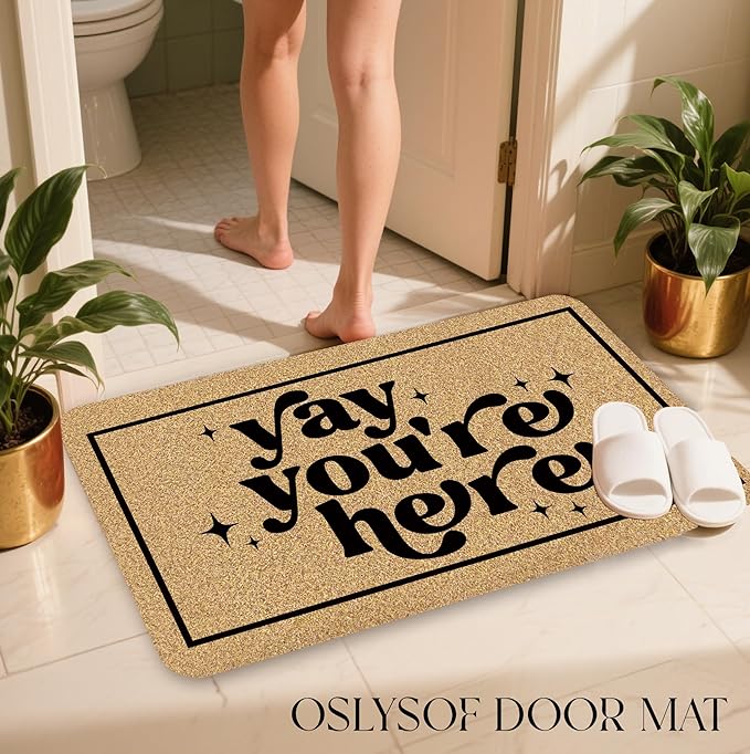 Funny Coir Door Mat, Yay You're Here Doormat for Front Door Indoor Outdoor Porch Entrance Entryway, Funny Welcome Mat Outside, 17x30 Inches