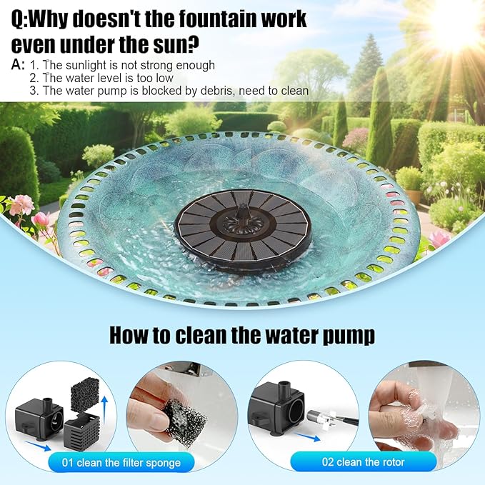 SZMP Solar Fountain Work On Cloudy Day,Solar Water Bird Bath Fountain with Faster Conversion Glass Solar Panel and Power Indicator,Built-in 2000mAh Battery,Outdoor Garden Decor(Black Panel)
