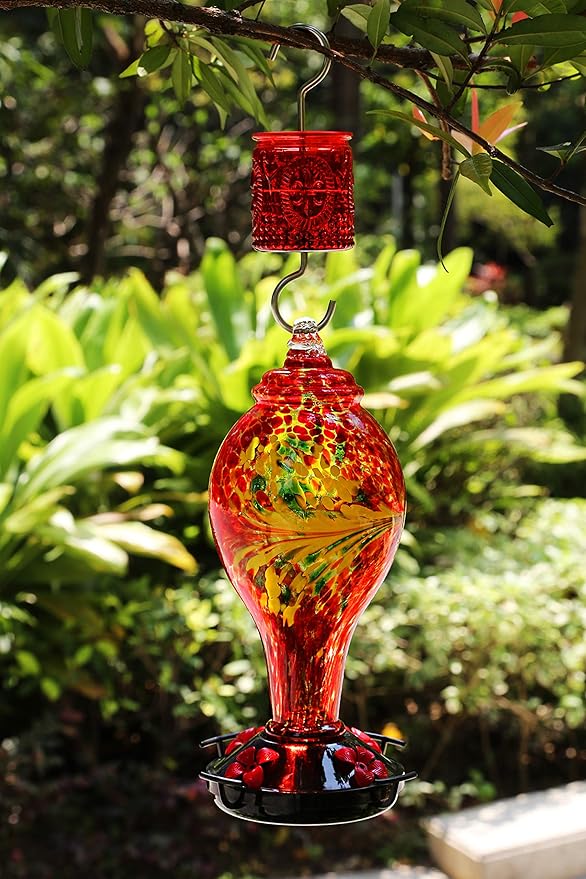 4OZ Vintage Glass Ant Moat for Hummingbird Feeder 4 OZ Large Capacity Stainless Steel Hooks (Red)